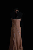 Unique Mermaid Halter Brown Chiffon 90s With Beads Floor Length Evening For Women Party Dresses Long Formal Prom Dresses 21st Birthday Gowns HZ0311
