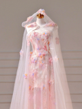 Modest Prom Dresses Aesthetic A Line Strapless Pink Lace Tulle Inspiration Impress With Cape Long Party Formal Gown For Teenagers High Schools HZ0311