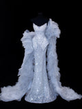 Sequin Prom Dress Aesthetic Mermaid Strapless With Pleated Style Impress Cape Tulle Long Prom Dresses Party Formal Gowns HZ0311