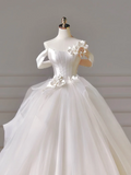 Princess Long Wedding Gowns Ball Gown Off The Shoulder Short Sleeves Pleated Tulle for Bride With Flower Train White Bridal Dress HZ0311