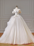 Princess Long Wedding Gowns Ball Gown Off The Shoulder Short Sleeves Pleated Tulle for Bride With Flower Train White Bridal Dress HZ0311