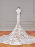 Timeless Long Wedding Gowns Mermaid Spaghetti Strap Sleeveless Lace for Bride With Pearls Fitted Train Bridal Dress HZ0311