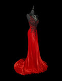 Modest Mermaid V Neck Red Satin Sleeveless Long Prom Dresses High School Senior Graduation Dance Party Outfits HZ0311