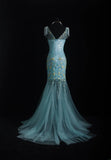 Vintage Prom Dresses 90s Formal Mermaid Scoop Neck Blue Tulle Long Party Gowns Prom Dresses HZ0311
