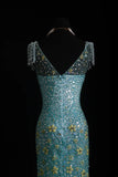 Vintage Prom Dresses 90s Formal Mermaid Scoop Neck Blue Tulle Long Party Gowns Prom Dresses HZ0311