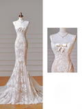 Timeless Long Wedding Gowns Mermaid Spaghetti Strap Sleeveless Lace for Bride With Pearls Fitted Train Bridal Dress HZ0311
