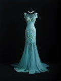 Vintage Prom Dresses 90s Formal Mermaid Scoop Neck Blue Tulle Long Party Gowns Prom Dresses HZ0311