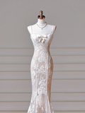 Timeless Long Wedding Gowns Mermaid Spaghetti Strap Sleeveless Lace for Bride With Pearls Fitted Train Bridal Dress HZ0311