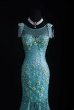 Vintage Prom Dresses 90s Formal Mermaid Scoop Neck Blue Tulle Long Party Gowns Prom Dresses HZ0311