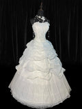 Timeless Women's Ball Gown Strapless Sleeveless White Organza Tiered Pleated With Lace Long Vintage Corset Fitted 1920s Wedding Dresses HZ0311