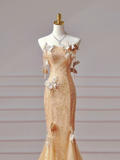 Chic Prom Dresses Aesthetic Mermaid Strapless Gold Sequins With Butterfly Inspiration Impress Long Party Formal Gown For Teenagers High Schools HZ0311