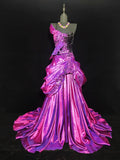 Modest A Line One Shoulder Hot Pink Satin Sleeveless Long Prom Dresses High School Senior Graduation Dance Party Outfits HZ0311