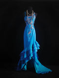 Vintage Prom Dresses 90s Formal Mermaid Spaghetti Straps Blue Chiffon Long Party Gowns Prom Dresses HZ0311