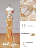 Chic Prom Dresses Aesthetic Mermaid Off The Shoulder Gold With Pleated Inspiration Impress Long Party Formal Gown For Teenagers High Schools HZ0311