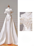 Romantic Long Wedding Dresses Mermaid Off The Shoulder Satin Pleated Wedding Dress Style For Brides Fitted With Sleeves Bridal Gowns HZ0311