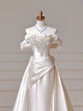 Romantic Long Wedding Dresses Mermaid Off The Shoulder Satin Pleated Wedding Dress Style For Brides Fitted With Sleeves Bridal Gowns HZ0311