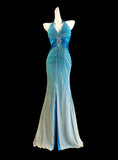 Modest Mermaid Halter Blue With Slit Beads Sleeveless Long Prom Dresses High School Senior Graduation Dance Party Outfits HZ0311