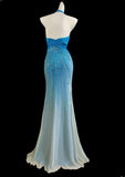 Modest Mermaid Halter Blue With Slit Beads Sleeveless Long Prom Dresses High School Senior Graduation Dance Party Outfits HZ0311