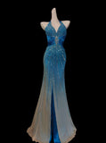 Modest Mermaid Halter Blue With Slit Beads Sleeveless Long Prom Dresses High School Senior Graduation Dance Party Outfits HZ0311