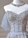 Modest Prom Dresses Aesthetic Ball Gown Off The Shoulder Light Blue Tulle Inspiration Impress Long Party Formal Gown For Teenagers High Schools Girls HZ0311