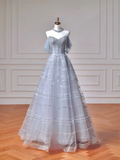 Modest Prom Dresses Aesthetic Ball Gown Off The Shoulder Light Blue Tulle Inspiration Impress Long Party Formal Gown For Teenagers High Schools Girls HZ0311