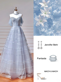 Modest Prom Dresses Aesthetic Ball Gown Off The Shoulder Light Blue Tulle Inspiration Impress Long Party Formal Gown For Teenagers High Schools Girls HZ0311