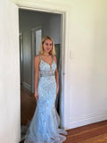 Modest Mermaid Spaghetti Strap Light Sky Blue Tulle Corset Back Evening Dresses High School Teens Senior Night Dance Prom Outfits HZ0311