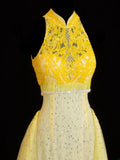 Modest Prom Dress Aesthetic Mermaid High Neck Yellow Lace With Train Style Impress Chiffon Long Prom Dresses Party Formal Gowns HZ0311