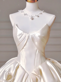 Princess Long Wedding Gowns Ball Gown Sweetheart Pleated Satin for Bride With Removable Sleeves White Bridal Dress HZ0311