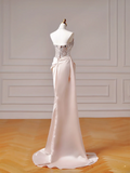 Chic Prom Dresses Aesthetic Mermaid Strapless Blush Pink Satin With Pleated Beads Slit Inspo Impress Long Party Formal Gown For Teenagers High Schools HZ0311