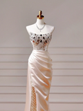 Chic Prom Dresses Aesthetic Mermaid Strapless Blush Pink Satin With Pleated Beads Slit Inspo Impress Long Party Formal Gown For Teenagers High Schools HZ0311