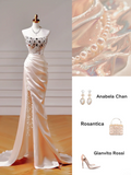 Chic Prom Dresses Aesthetic Mermaid Strapless Blush Pink Satin With Pleated Beads Slit Inspo Impress Long Party Formal Gown For Teenagers High Schools HZ0311