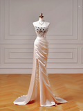 Chic Prom Dresses Aesthetic Mermaid Strapless Blush Pink Satin With Pleated Beads Slit Inspo Impress Long Party Formal Gown For Teenagers High Schools HZ0311