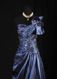 Vintage Prom Dresses 90s Formal A line One Shoulder Navy Blue Satin With Beadings Long Party Gowns Prom Dresses HZ0311