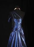 Vintage Prom Dresses 90s Formal A line One Shoulder Navy Blue Satin With Beadings Long Party Gowns Prom Dresses HZ0311