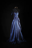 Vintage Prom Dresses 90s Formal A line One Shoulder Navy Blue Satin With Beadings Long Party Gowns Prom Dresses HZ0311