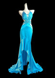 Classic Mermaid Halter Satin High Low Blue Sleeveless Long Prom Dresses High School Senior Graduation Dance Evening Outfits HZ0311