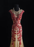 Vintage Prom Dresses 90s Formal Mermaid Scoop Neck Champagne With Red Beadings Long Party Gowns Prom Dresses HZ0311