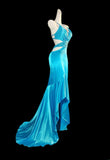 Classic Mermaid Halter Satin High Low Blue Sleeveless Long Prom Dresses High School Senior Graduation Dance Evening Outfits HZ0311