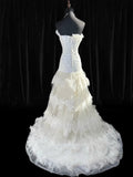 Timeless Women's Mermaid Strapless Sleeveless White Tulle Tiered Pleated With Beads Long Vintage Fitted 1920s Wedding Dresses HZ0311