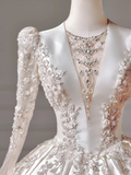 Princess Long Wedding Gowns Ball Gown V Neck Satin for Bride With Long Sleeves Beaded Bodice Bridal Dress HZ0311