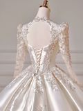 Princess Long Wedding Gowns Ball Gown V Neck Satin for Bride With Long Sleeves Beaded Bodice Bridal Dress HZ0311
