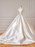 Princess Long Wedding Gowns Ball Gown V Neck Satin for Bride With Long Sleeves Beaded Bodice Bridal Dress HZ0311