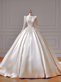Princess Long Wedding Gowns Ball Gown V Neck Satin for Bride With Long Sleeves Beaded Bodice Bridal Dress HZ0311