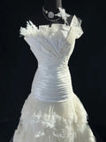 Timeless Women's Mermaid Strapless Sleeveless White Tulle Tiered Pleated With Beads Long Vintage Fitted 1920s Wedding Dresses HZ0311