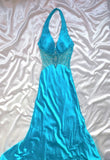 Vintage Mermaid Halter Blue Satin Sleeveless Long Prom Dresses High School Senior Graduation Dance Evening Outfits HZ0311