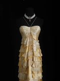 Vintage Prom Dresses 90s Formal A line Halter Gold Tiered With Beadings Long Party Gowns Prom Dresses HZ0311