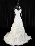 Timeless Women's Mermaid Strapless Sweetheart Sleeveless White Tulle Tiered Pleated With Beads Long Vintage Fitted 1920s Wedding Dresses HZ0311