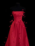 Ball Gowns Prom Dress Aesthetic Strapless Red Satin With Feather Style Impress Long Prom Dresses Party Formal Gowns HZ0311