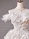 Princess Long Wedding Gowns Ball Gown Off The Shoulder Tulle For Bride With Short Sleeves Lace Bodice Bridal Dress HZ0311